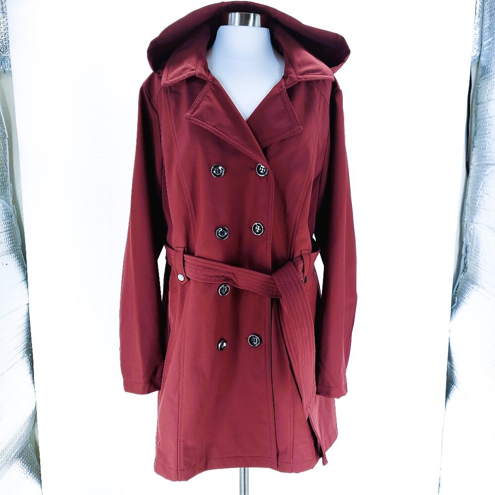 Sebby Collection Softshell Hooded Burgundy Trench Coat